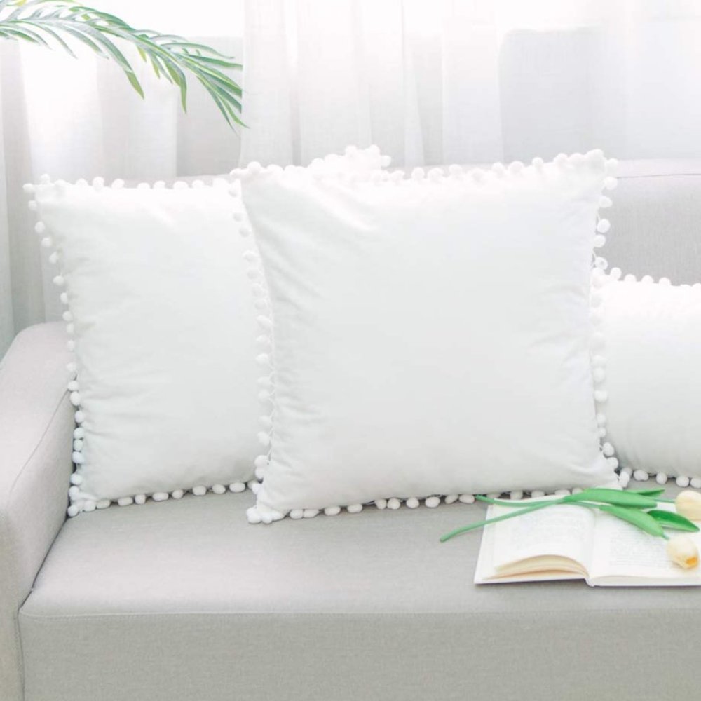 White Velvet cushion COVERS with pom poms